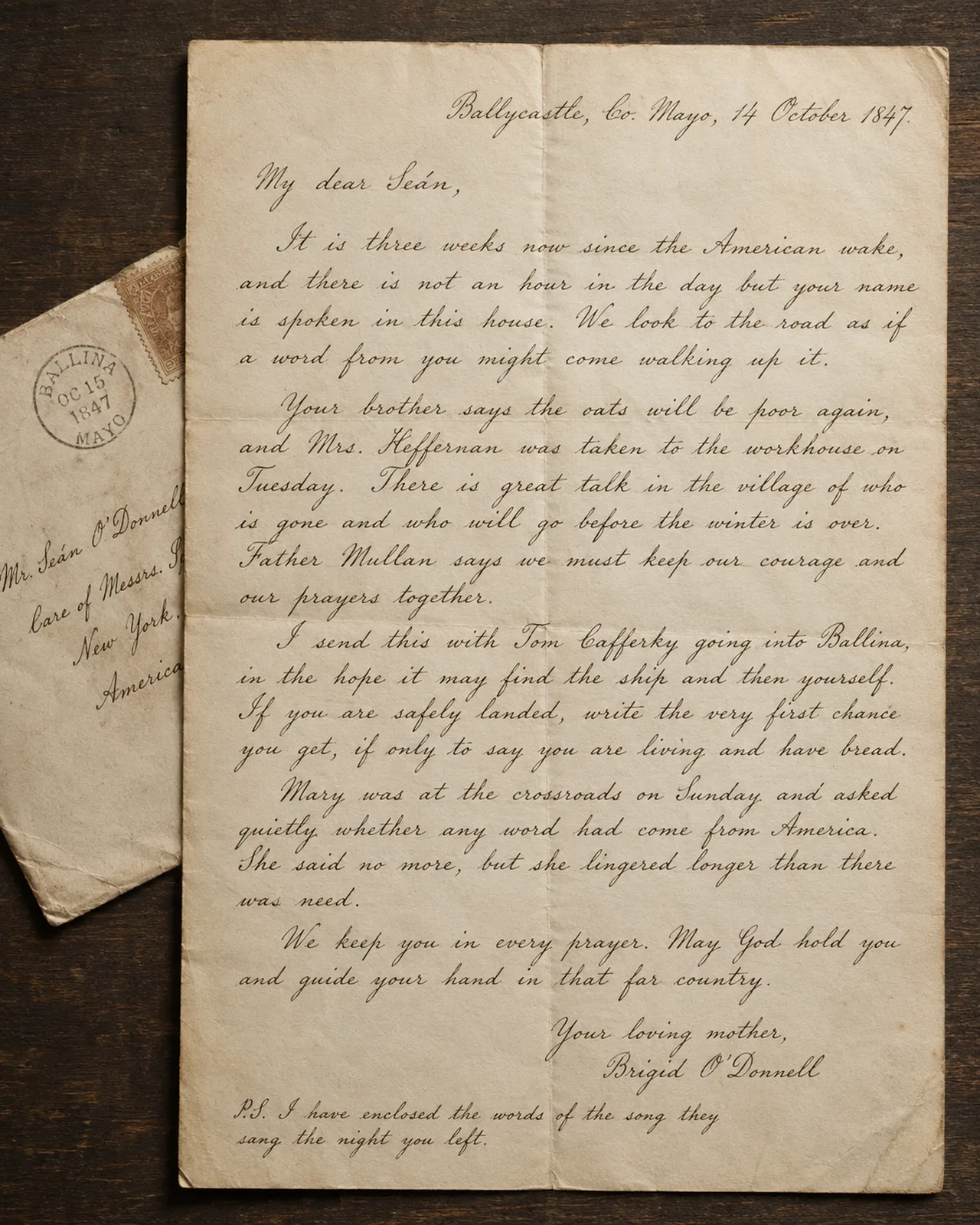 A handwritten 1847 letter from Ballycastle, Co. Mayo, with its envelope and postmark, lying on dark wood