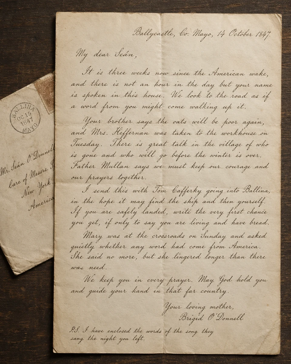 The full handwritten 1847 letter from Brigid O'Donnell of Ballycastle, Co. Mayo, beside its addressed envelope on dark wood